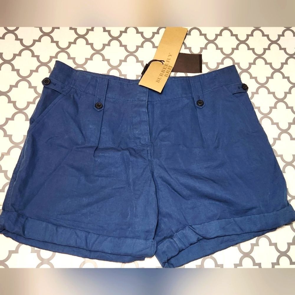 Burberry Britt Carlby Cotton and Linen Blend Bermuda Shorts Size 8 Teal Blue